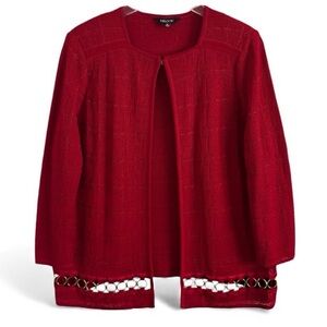 MISOOK Crimson Red Textured Tonal Knit Jacket with Chain Trim Hem – Size M
